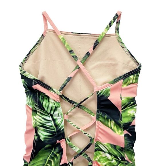 Albion Waikiki One Piece Swimsuit Pink Green Leaf Print Lace Up Back Size Medium - Picture 6 of 14